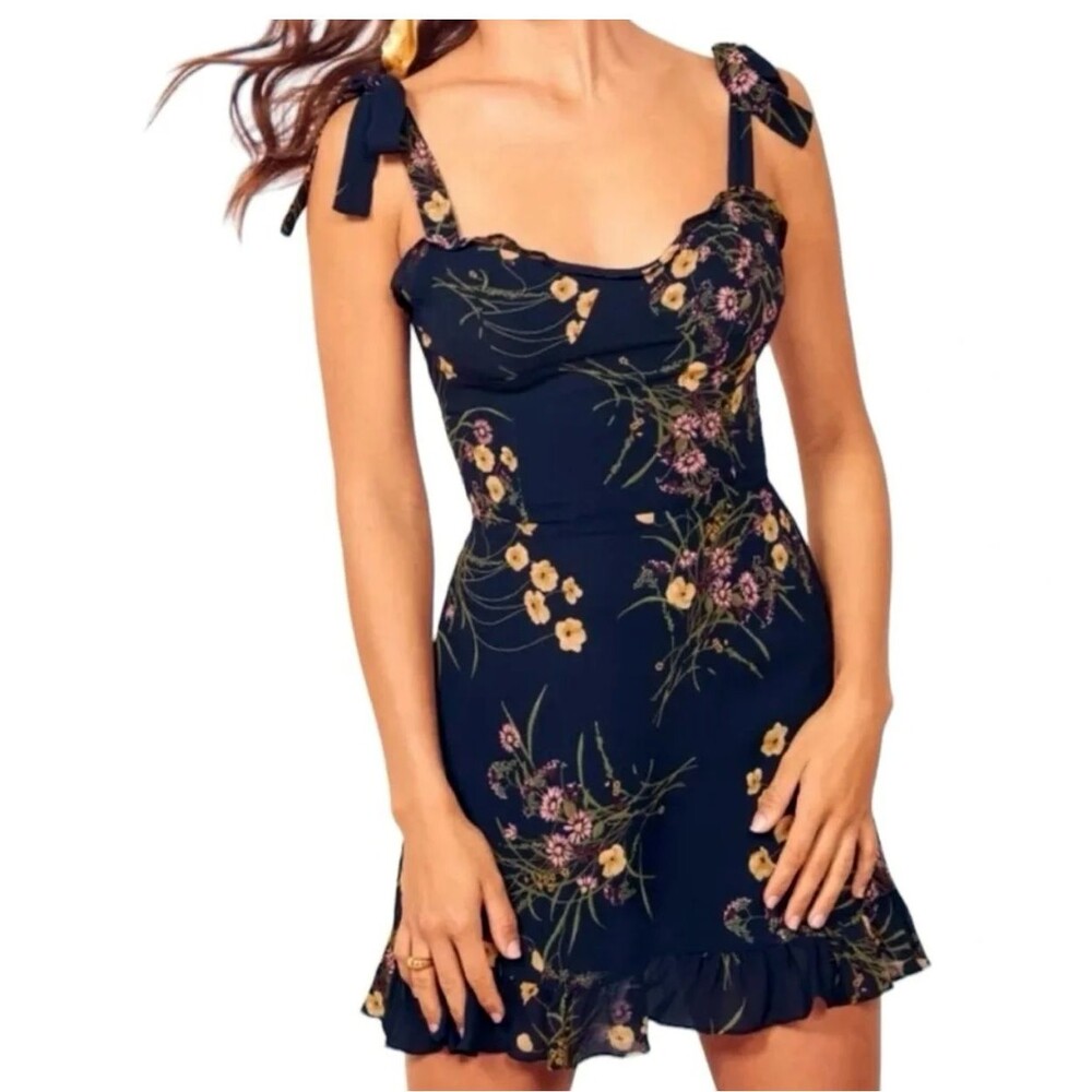 Reformation Dress Womens 4 Navy Floral Christine Ruffled Mini Tie Strap Viscose